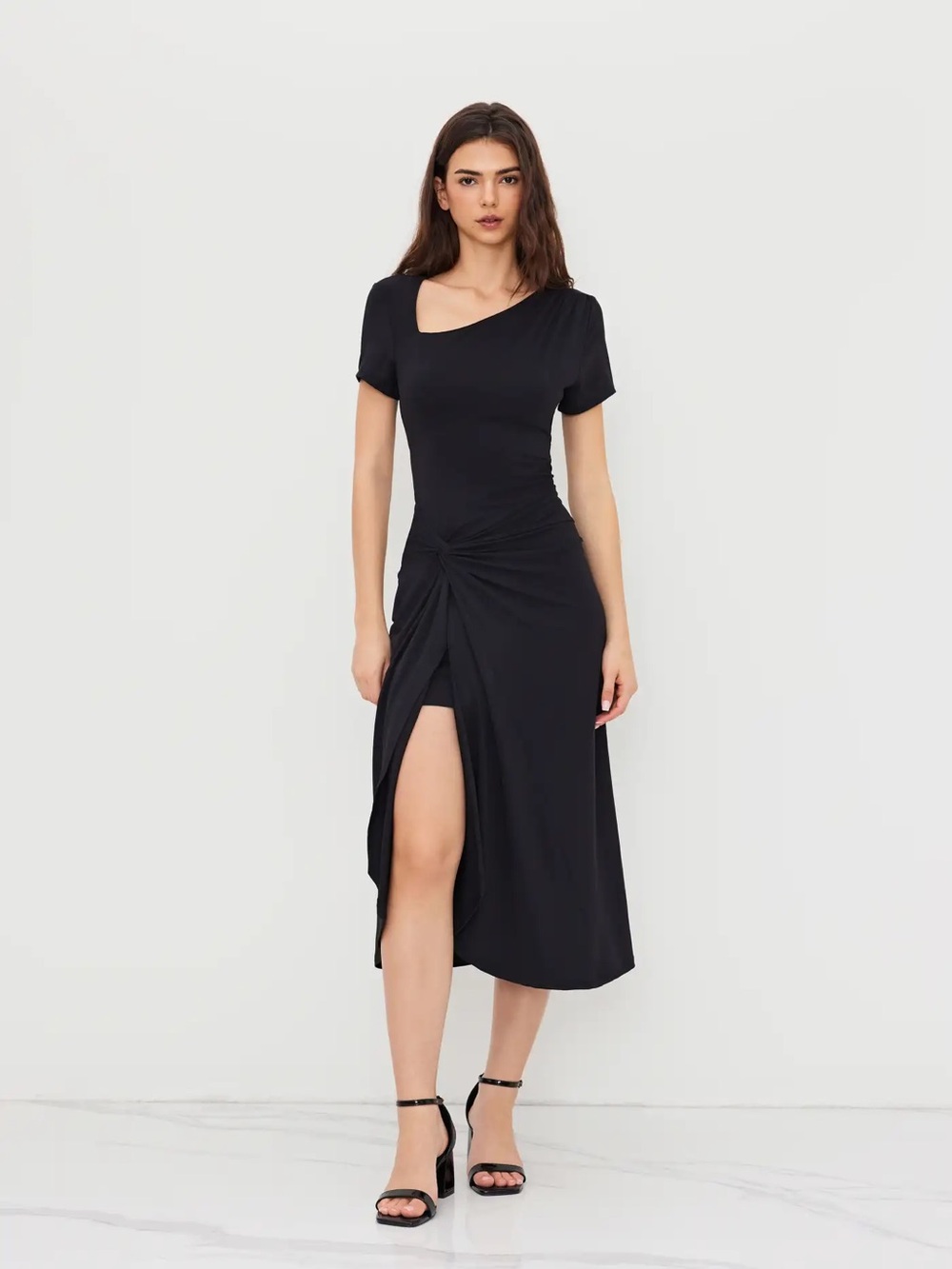 Cider Black Twist-Knot Midi Dress with Side Slit